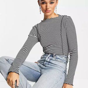 & Other Stories Stripe Lettuce Edge Long Sleeve Ribbed Boatneck Top